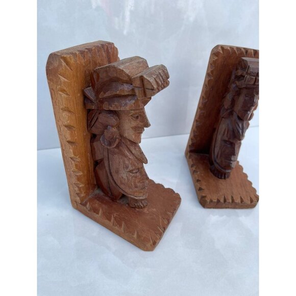 Vintage Bookends Pair Carved Wood Shelf Art Tribal Hand Crafted Brown 4.5x7" - Picture 3 of 11
